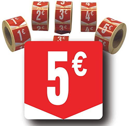 Affichesstore 30265 - Rouleau de 500 Étiquettes Autocollantes 5€ - Format Carré 35x35mm - Brillantes - Adhésives - Stickers Prix Ronds Euros