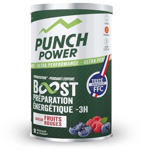 Boisson energetique PUNCH POWER | Boost énergétique -3H | Poudre energisante sport energie & hydratation | Vitamine b12 + glucides + electrolytes | Goût fruits rouges | Made in France