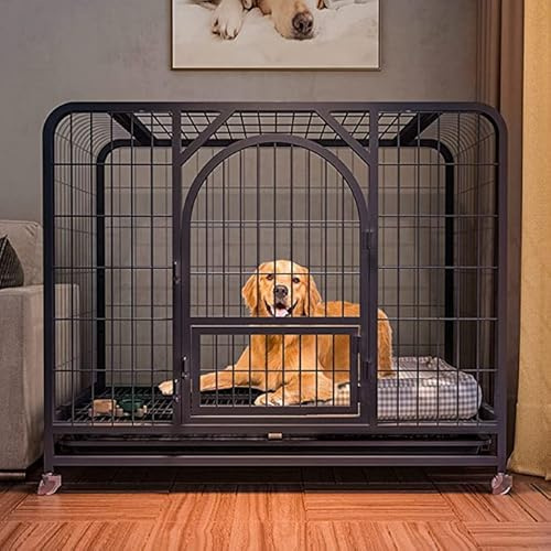 PRUJOY Dog Cage Heavy Duty Metal Kennel Pet Cage With Crate Tray And Wheels For Large Dogs Indoor Outdoor Fence (Black 95 * 65 * 85CM)