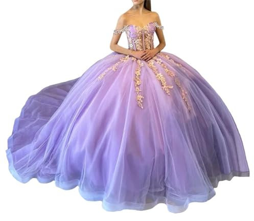 Glittriga Quinceanera-klänningar med paljetter spets av axel festkläder med tåg prinsessa puffig tyllbalklänning, Lila, 34