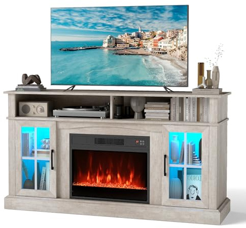 COSTWAY Electric Fireplace Insert TV Stand, Entertainment Center Console Table with Adjustable Flame, Overheat Protection Fire Heater & Remote (Grey, with RGB LED Lights, 23” Fireplace, for 65” TV)