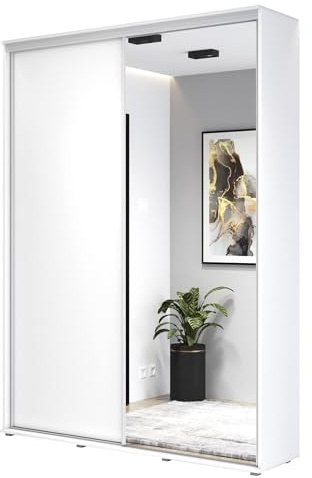 Meble Slupia - Garderobenschrank - Kleiderschrank mit Spiegel und Schiebetüren - 140x242x45 cm - Kleider Schrank Schlafzimmer mit Kleiderstange - ZUZA 01 Weiß, Griff
