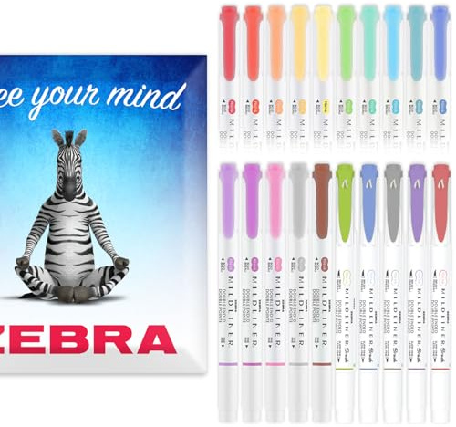 Zebra Pen Mildliner Dual Tip Highlighter Pens - Broad & Fine Tip Double Ended Markers - Pack of Colours in Envelope Gift Packaging - Acid-Free & Non Toxic Ink (Cool & Refined 20 Pack)
