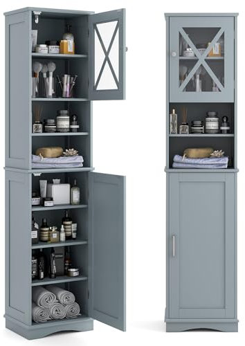 COSTWAY Badezimmerschrank schmal, Badschrank Hochschrank mit 5 verstellbaren Regalen & 2 Türen, Aufbewahrungsschrank Holz für Badezimmer, Wohnzimmer & Küche, 40 x 30 x 170,5 cm (Grau)