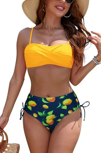 SHEKINI Women's Strapless Bandeau Bikini Set,Two Piece Twist Front Swimsuit Adjustable Drawstrings Bathing Suit，Yellow-M