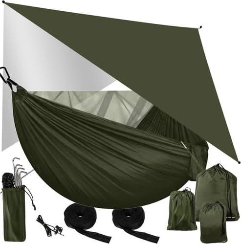 Trizand hängematte mit moskitonetz - hängematten - hängematte Outdoor – doppelhängematte für Camping, Trekking und bushcraft – wetterfest, Ultraleicht und belastbar bis 250 kg – Khaki 25364
