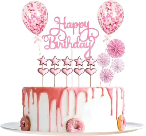 Decoración para Tartas de Cumpleaños, 17 Piezas Happy Birthday Cake Topper, Decoración de Pastel de Cumpleaños con Estrella, Corazon, Abanico Papel, Globos Confetii, para Fiestas de Cumpleaños