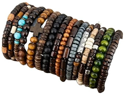 ware-direkt Armband Set Holzperlen 16 Stück – Farbige Holz Perlen Armbänder Damen Herren – Modisches Schmuck Set – Boho Festival Ethno Hippie Style