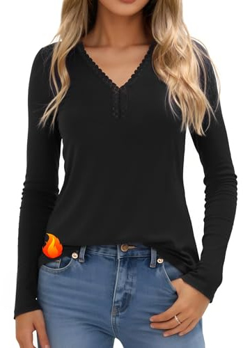 Crewhpo Womens Thermal Tops Long Sleeve Base Layer Lace V Neck Thermal Underwear Shirt Cotton Thermal Vest Winter Warm Basic Top Black