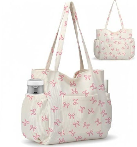 Jcocylse Borsa shopper da donna | Borsa a tracolla da donna e borsa con molte tasche – Borsa multifunzione per shopping, lavoro, università, viaggi e uso quotidiano, Rosa con fiocco, 20 x 14,5 x 9 cm