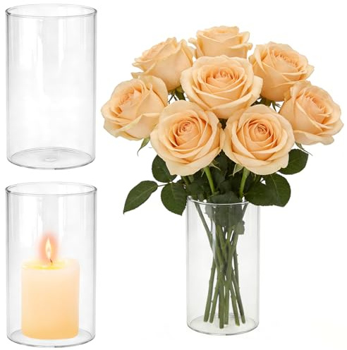 TSKDKIT 3 vasi in vetro per decorazione da tavolo, 15 cm di altezza x 8,5 cm, trasparenti, cilindri per candele, fiori, bicchieri, conchiglie, perle, decorazione per il soggiorno