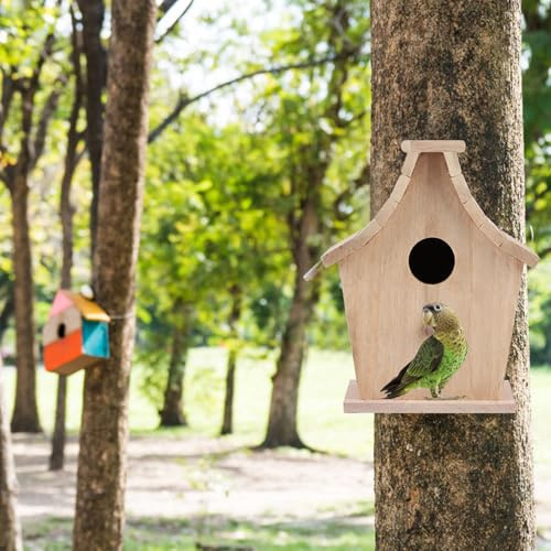 VBESTLIFE Casa de Pájaros de Madera para S, Caja de Cría Colgante con Soporte para Pájaros Pequeños Periquitos, Caja Nido de Madera Natural para Descanso y Descanso de Mascotas