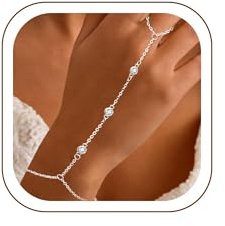 14K Gold Sterling Silver Plated Hand Chain Bracelet with Ring for Women