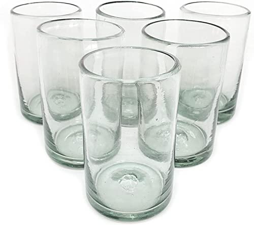 MexHandcraft Clear 14 oz Drinking Glasses (Set of 6) | Hand Blown Mexican Glassware | Recycled Glass Drinking Glasses for Water, Juice, Margarita, Cocktails & Whiskey, Lead-Free Toxin Free