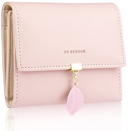 FT FUNTOR PU Leather Wallet for Women RFID-Blocking, Ladies Bifold Leaf Pendant Coin Zipper Small Purse with 5 Card Slots and 1 ID Window Card Holder Organizer (Pink)