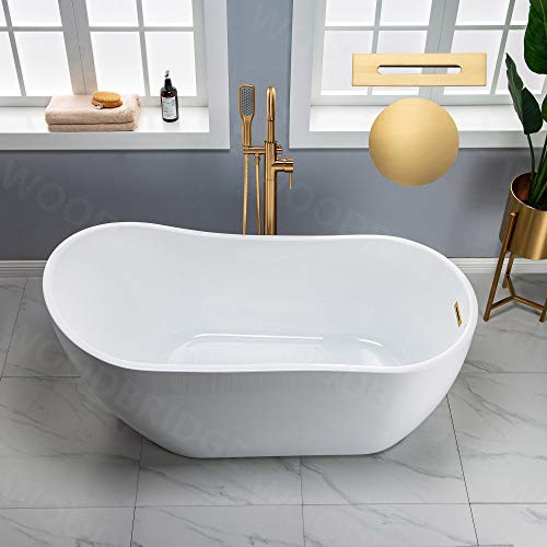 WOODBRIDGE 59 Acrylic Freestanding Bathtub Contemporary Soaking White Tub with Brushed Gold Overflow and Drain， B1530 -BG-Drain &O