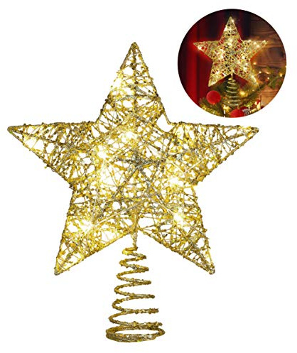 Yardwe Christmas Tree Topper Star with 20 Led Lights, Gold Glitter Wire Star Treetop Decoration for Xmas Party Battery Powered