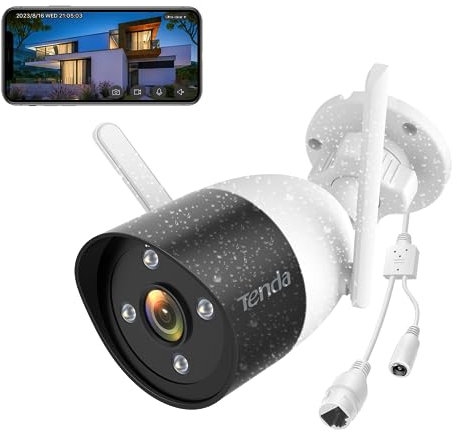 Tenda Caméra de Surveillance Extérieur, 1080P Camera Surveillance WiFi avec Audio Bidirectionnel, Vision Nocturne en Couleur, Détection de Personne & Mouvement AI, Compatible avec Alexa, CT3