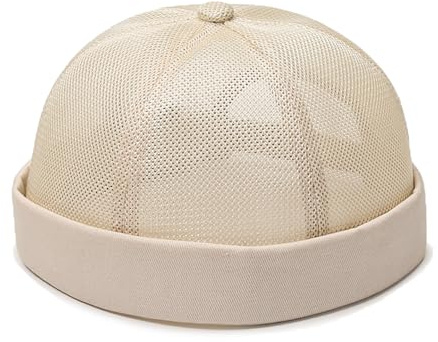 YAMEE Unisex Docker Keps Mesh,Sommar Docker Cap, Vicerfri keps för kvinnor sjömansmössa, Bob Casual Hat, Rolled Cuff Brimless Cap, Beige färg, One size