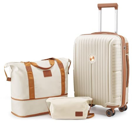 Joyway Set di valigie 3 pezzi di trolley a guscio duro in PP con chiusura TSA e 4 ruote Il set di bagagli a mano contiene 1 borsa da viaggio e 1 borsa da toilette Bianca