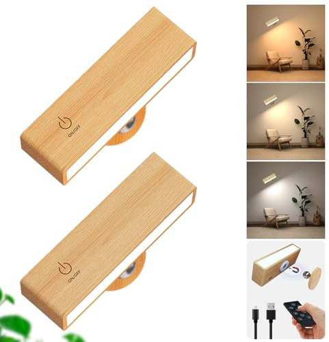 DetarZinLED Applique Murale Intérieure avec Telecommande,Lot de 2 Lampe Murale sans fil,Lampe de Chevet Chambre Rechargeable,Bois Lumiere Murale led sans fil,Lampe Chambre a pile Intérieure Tactile