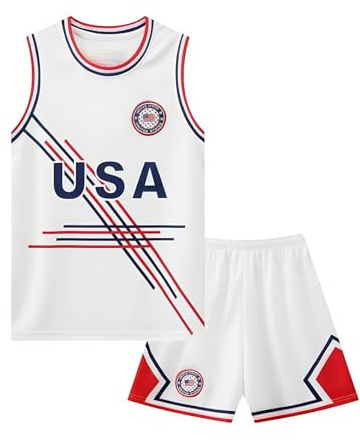 shanovelle USA American Flag Kids Boys Basketball Jersey Tracksuit Sleeveless Tank Top and Mesh Shorts Set (AGE 10-12, White)
