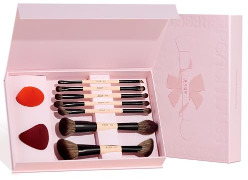 Jessup Brochas de Maquillaje Facial con Esponja Maquillaje,7pcs Brochas Maquillaje Doble Punta para Base,Contorno,Rubor, Iluminador y Corrector,set brochas maquillaje con caja de regalo, T506