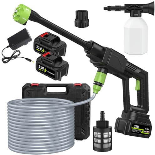 Nettoyeur Haute Pression sans Fil 6 en 1 Multi-Usage Buse, Max 500 PSI avec 2 x 1500mah Batteries, Nettoyeur Haute Pression à Batterie, Pulvérisateur de Mousse, pour Le Nettoyage et Arrosage