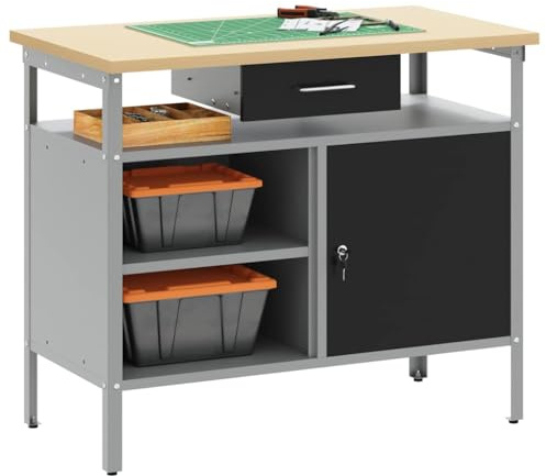vidaXL Modern Stål Arbetsbänk Med Justerbar Förvaring Nivåhyllor Hållbar Pysseltabell För Verkstad Svart Och Grå Färg Finish Tung Användning Inomhus Design Rum Bänk Metall Höjd