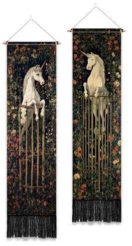 PLIGREAT Confezione da 2 Arazzi Da Parete Stile Vintage Estetico Sottile Con Cavallo Bianco E Nappe Arazzo Verticale Con Motivo Floreale Per Camera Da Letto Soggiorno Decorazione Domestica