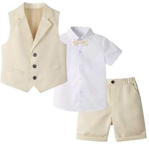 LOLANTA 4-delad barnväst kostym, pojkar bröllopsfest shorts set, sida pojke outfit, skjorta, fluga, shorts, väst, 2-12 år, BEIgE, 4-5 År