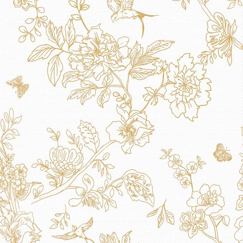 LZH-LP Papel Tapiz Autoadhesivo Dorado y Blanco, 44x300CM Flores Pájaros Hojas Florales Doradas Plantas Papel Tapiz Autoadhesivo para Muebles Calcomanía de pared