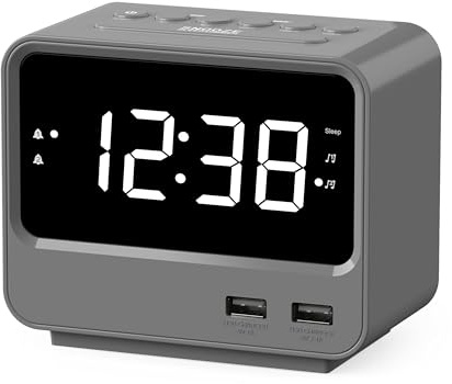 iTOMA Radiosveglia per camera da letto con due porte di ricarica USB, numeri grandi con luminosità regolabile, radio FM digitale per comodino con timer sonno, orologio digitale LED bianco A23(nero)