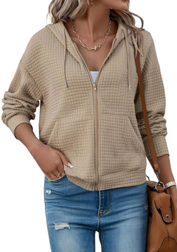 EIRUKON Sweat a Capuche Femme Zippé Hoodie Veste Sport à Gaufre Chaud Sweatshirt Casual Automne Hiver Manteau avec Poches,Kaki,S