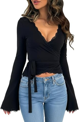 Coloquin Women Bell Long Sleeve Wrap Top V Neck Tie Front Lace Trim Double Lined Crop Tops Y2k Going Out Tops Black M