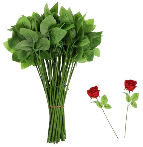 Xosjska 50 Pcs 13'' Floral Wire Stem with Leaves Rose-Stems with-Leaf Artificial Plastic-Rose-Floral-Wire Stems for Arrangement, DIY Craft Bouquet Making