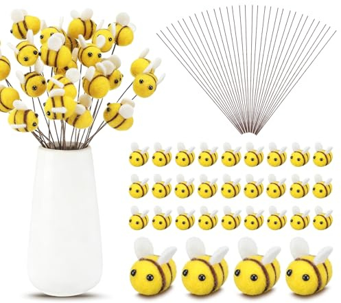 FineCheer Felt Bees for Crafts Felts Bee Small Bee Themed Stems Honeycomb Decorations with 30 Felt Honeybees and 30 Stem Wires for Crafts DIY Summer Spring Birthday Garden Favor