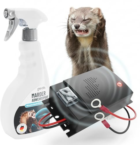 greate Marderabwehr Set - Made in Germany Anti Marderspray 500ml + Ultraschall Marderschreck Auto mit 12V Batterieanschluss