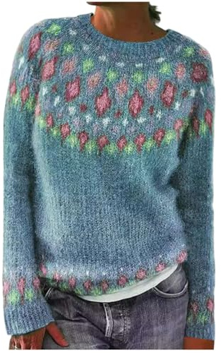 Générique Pull Norvégien Femme Hiver Chic Pull Vintage Col Rond Jacquard Tricoté Chaud Pullover Manches Longues Tunique Sweater Grande Taille Élégant Automne Haut Doux Décontracté Noël Top