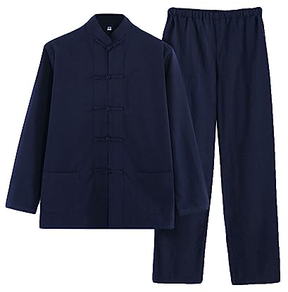 G-LIKE Herren Anzug Chinesischer Stil - Traditionelle Kampfkunst Kung Fu Tai Chi Wushu Klassisch Tangzhuang Langärmelig Hemd Hose Training Uniform Frühling Herbst Freizeit Kleidung (Blau, XXL)