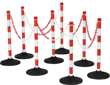 The Workplace Depot Plastic Post and Chain Safety Barriers – Red and White Corrosion Resistant Posts with 2m UV Treated Chain & Heavy Bases – Easy Deploy Crowd Control for Car Parks, Warehouses