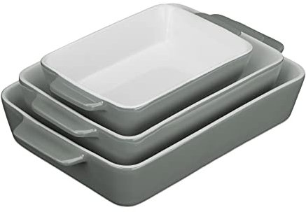 Relaxdays Pack de 3 Fuentes Horno, 3 Tamaños, Rectangular, Cerámica, Apto Lavavajillas, Recipiente Lasaña, Gris/Blanco, 6 x 33 x 20 cm