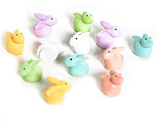 Set de 12 figuras conejitos de Pascua en miniatura, 2 cm: figuras decorativas coloridas de resina con adhesivo, decoración pascua para mesa, cestas regalo, manualidades y detalles primaverales