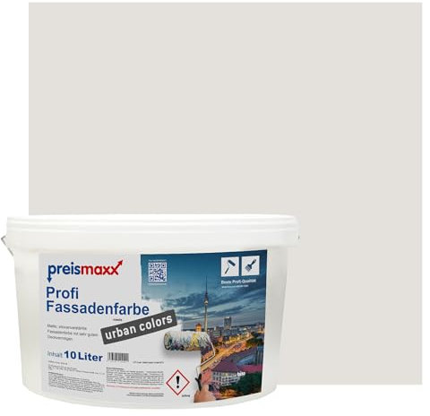 Preismaxx Profi Fassadenfarbe urban colors, bunte Außenfarbe, grau, greige, greige 10L, matte, wasserabweisende Aussen-Dispersion, hohe Wasserdampfdurchlässigkeit