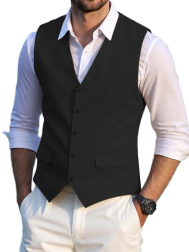 Solovedress Chaleco de traje elegante para hombre, chaleco de lino de verano, para bodas y fiestas, Negro , XL