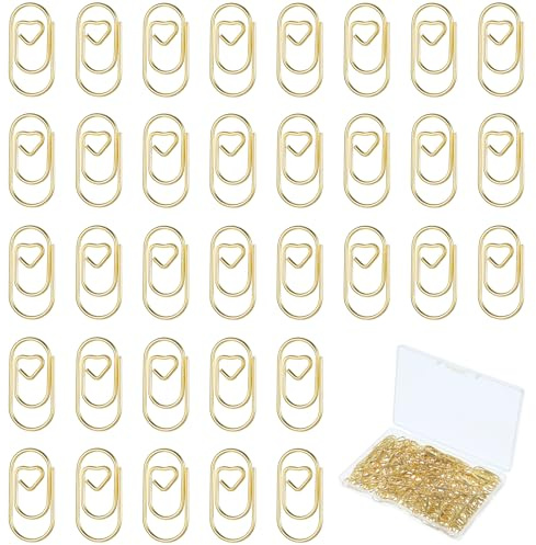 Kontorsklämmor hjärta guld, 150 stycken gem set med transparent låda skolmaterial estetisk, skrivbordstillbehör estetisk, litet gem med hjärtformat mönster lämplig för skola, kontor, mapp
