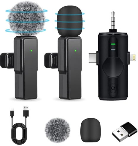 Lavalier-Mikrofon-Wireless, 4 in 1 Ansteckmikrofon Kabellos Mini Mikrofon Handy für iPhone/Android/PC, Plug-Play Kleines Microphone Lavalier Kabellos für TikTok Aufnahmen Live-Streaming Vlog