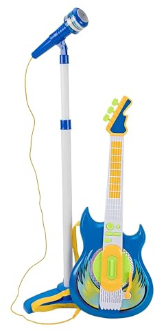 Guitare Électrique et Microphone avec Tige Jouet Enfants Guitare Rock Microphone Karaoké avec Lien MP3 Smartphone Tige Réglable Haut-parleur Bases Musicales Guitare Rock Électronique