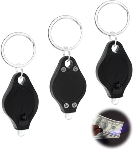 OnrySxn UV-Geldprüfer, Schlüsselanhänger, 3 Mini-LED-Schlüsselanhänger-Taschenlampen, Taschenlampe, tragbarer Detektor, Wasserzeichen, Schwarzlicht, UV-Licht mit schwarzer Schale zur Erkennung von