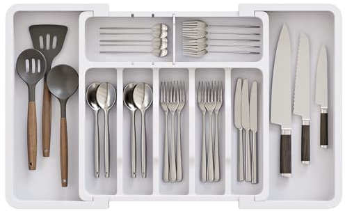 ABHENG Portaposate da Cassetto, Organizzatore di Posate, Cassetti di Utensili da Cucina Espandibile e Regolabile, con 9 Compartimenti, per Cucchiai, Forchette, Coltelli, Bianco, AFD011W